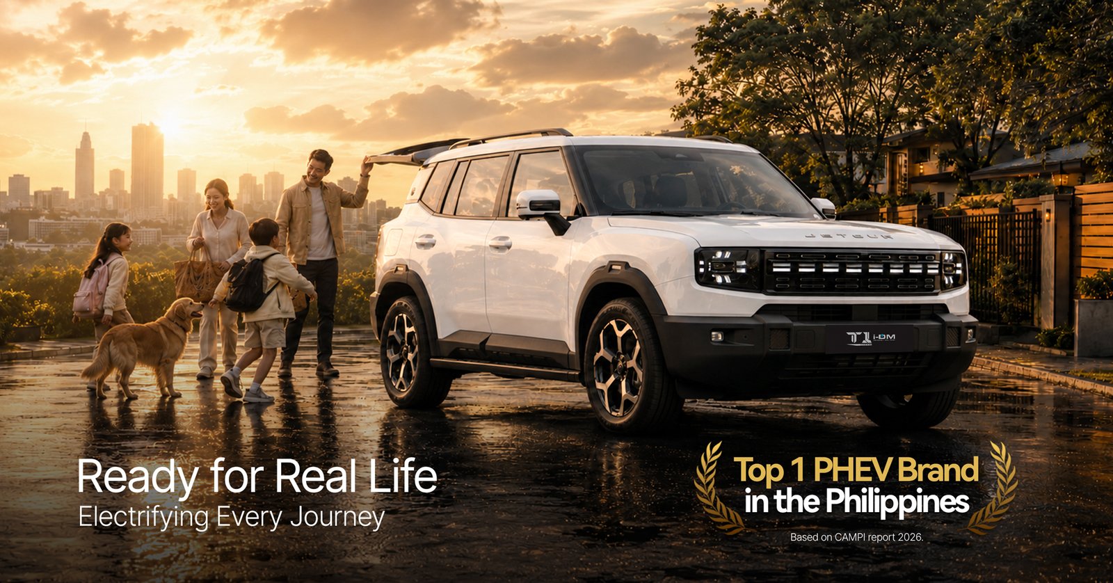 Jetour T1 i-DM plug-in hybrid SUV with a family and dog at sunset, ready for everyday journeys.